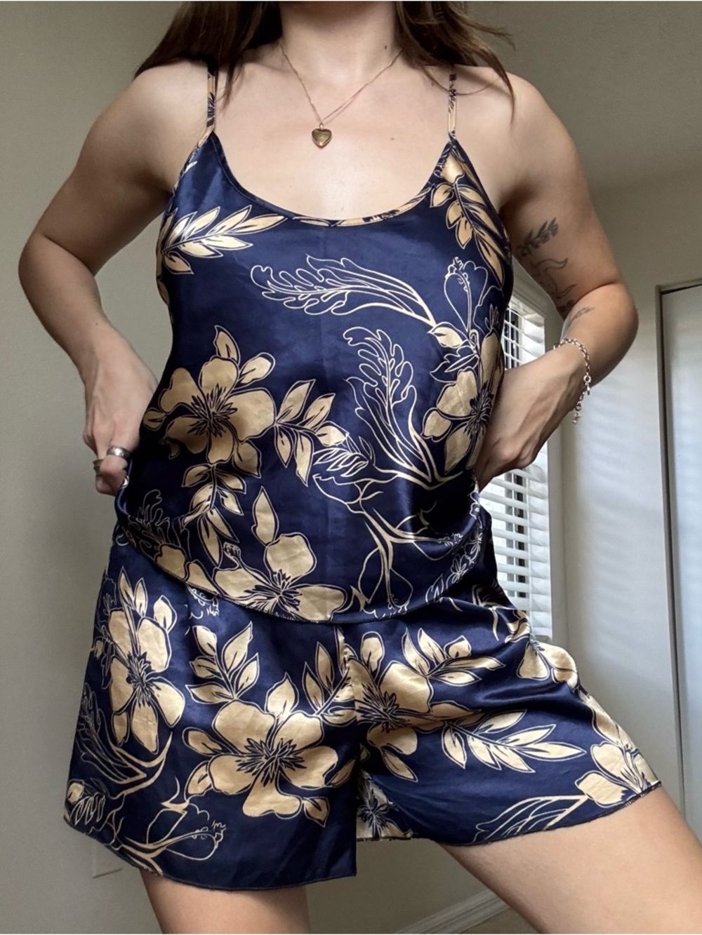 Silky Navy Blue & Gold Floral Cami Short Set - Picture 1 of 5
